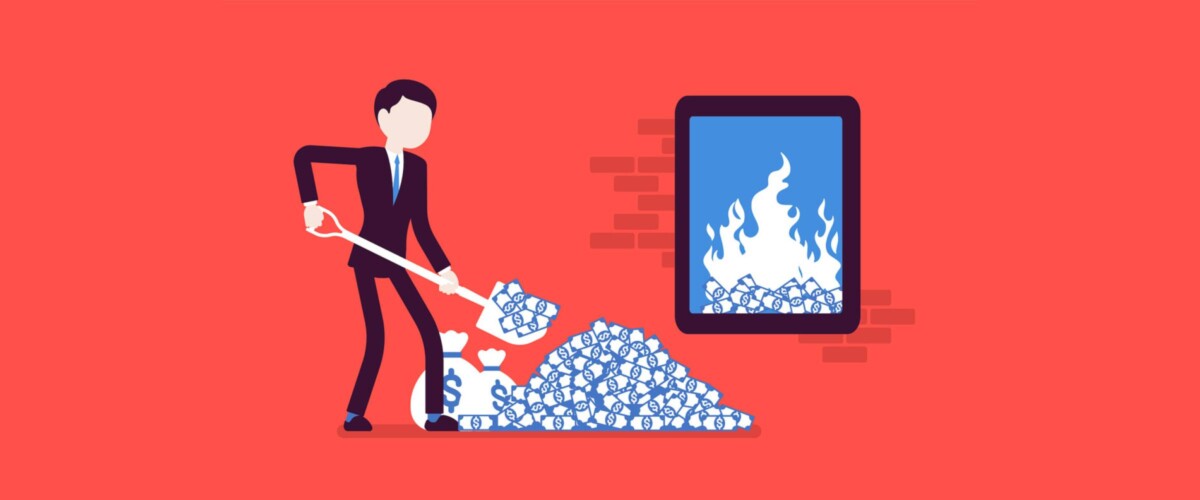 Illustration of a business man shoveling money into a fire